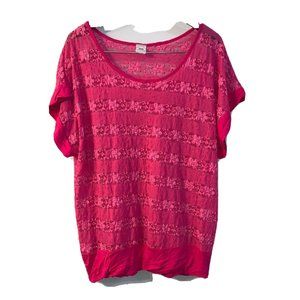Deb Vous Couture Sheer Pink Floral Mesh Blouse 2XL Stretchy Short Sleeve